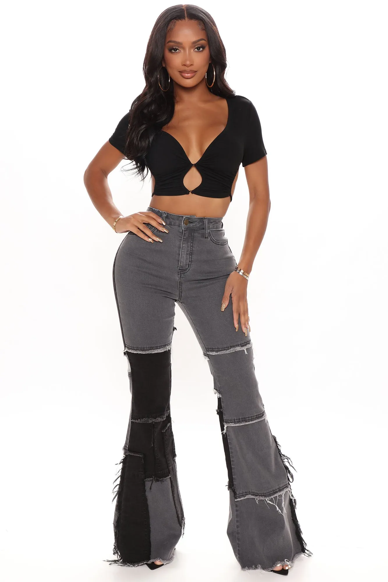 A Total Patch Stretch Flare Jeans - Black