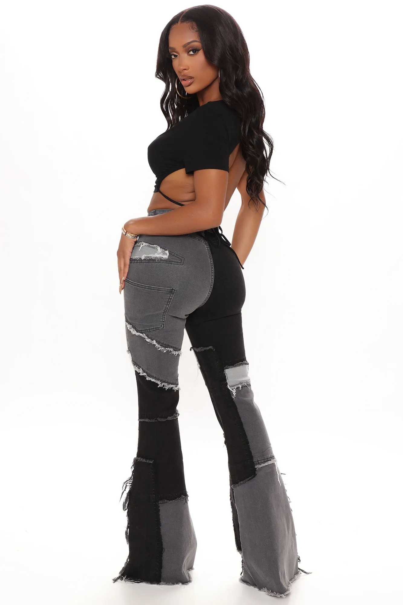 A Total Patch Stretch Flare Jeans - Black