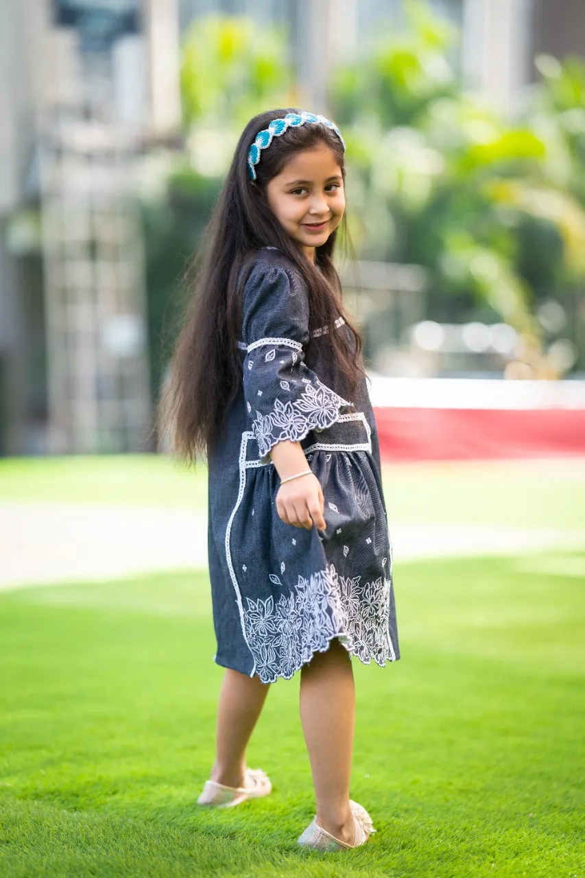 Basic Blue Laycra Denim embroidered elbow Sleeves Party Dress For Girls
