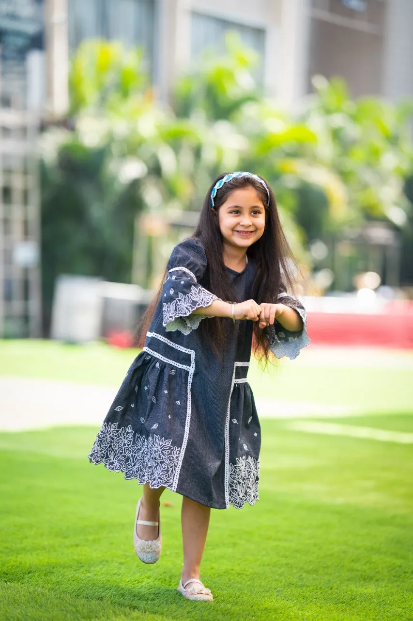 Basic Blue Laycra Denim embroidered elbow Sleeves Party Dress For Girls