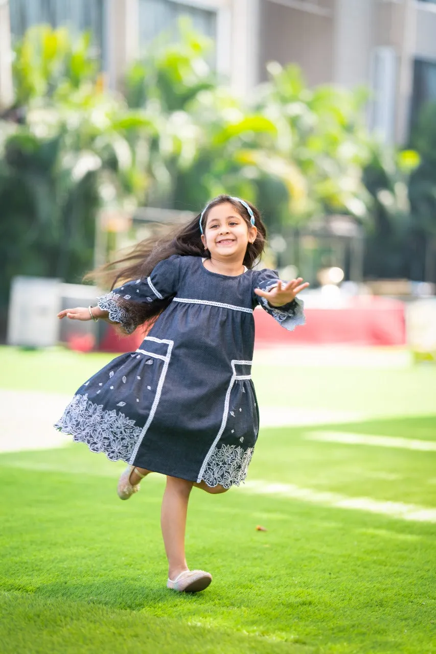 Basic Blue Laycra Denim embroidered elbow Sleeves Party Dress For Girls