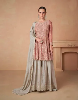 Bewitching Brown Chinon Embroidered palazzo Suit
