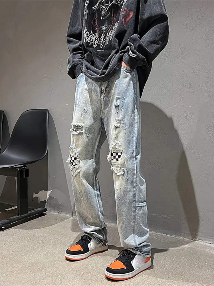 Creative Design Ripped Checkerboard Mid-Rise Jeans