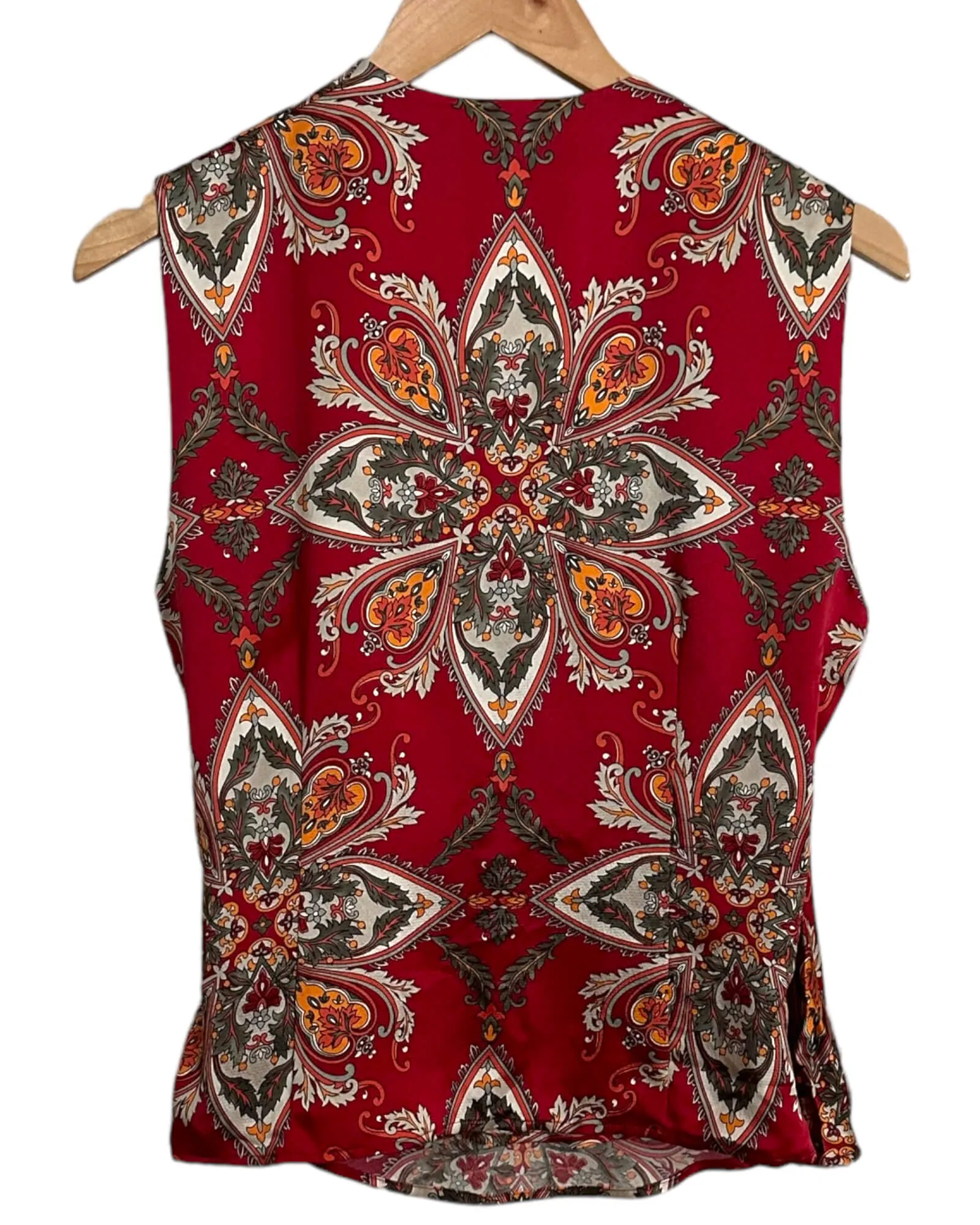 Dark Autumn Print Cross-Front Sleeveless Silk Blouse