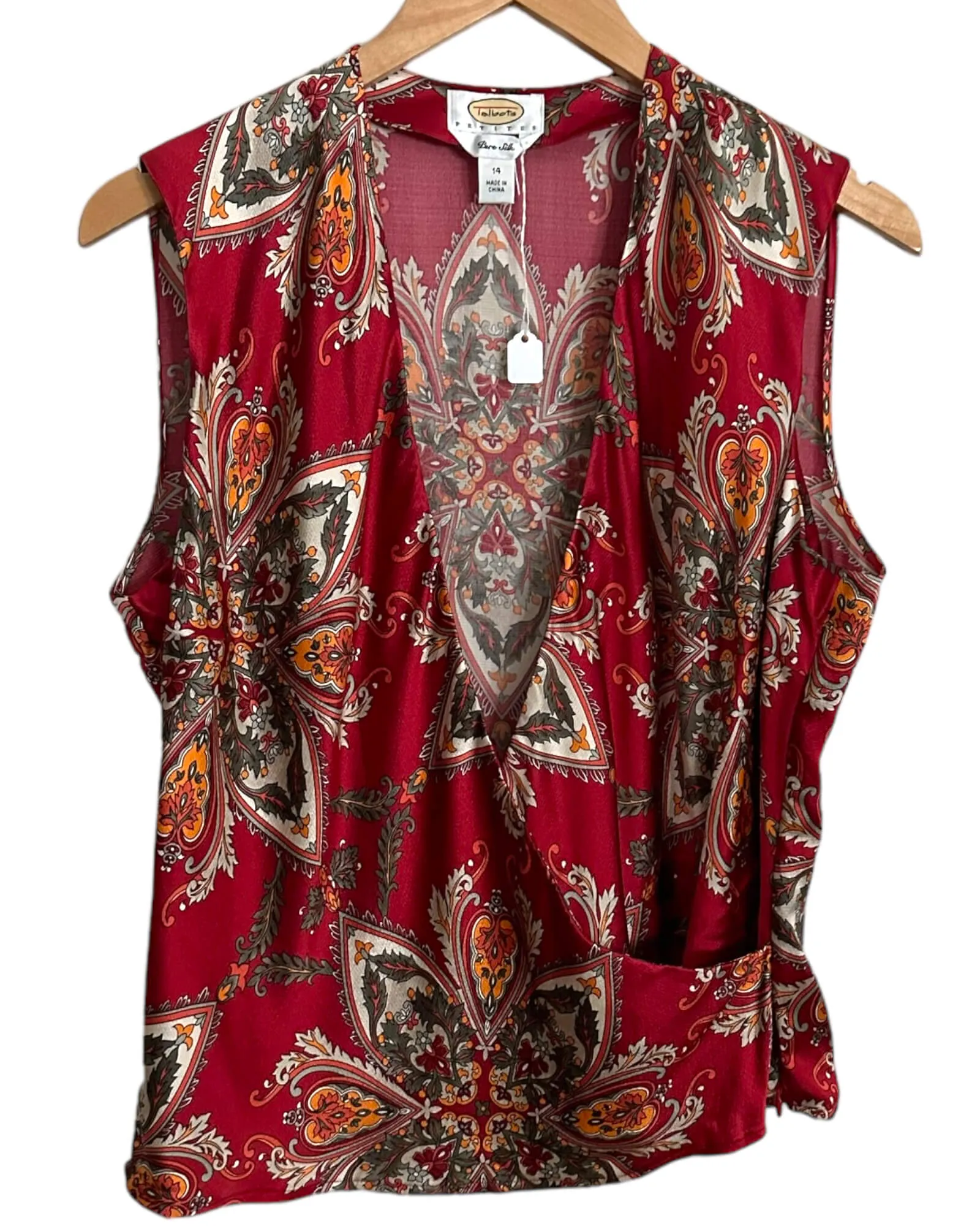 Dark Autumn Print Cross-Front Sleeveless Silk Blouse
