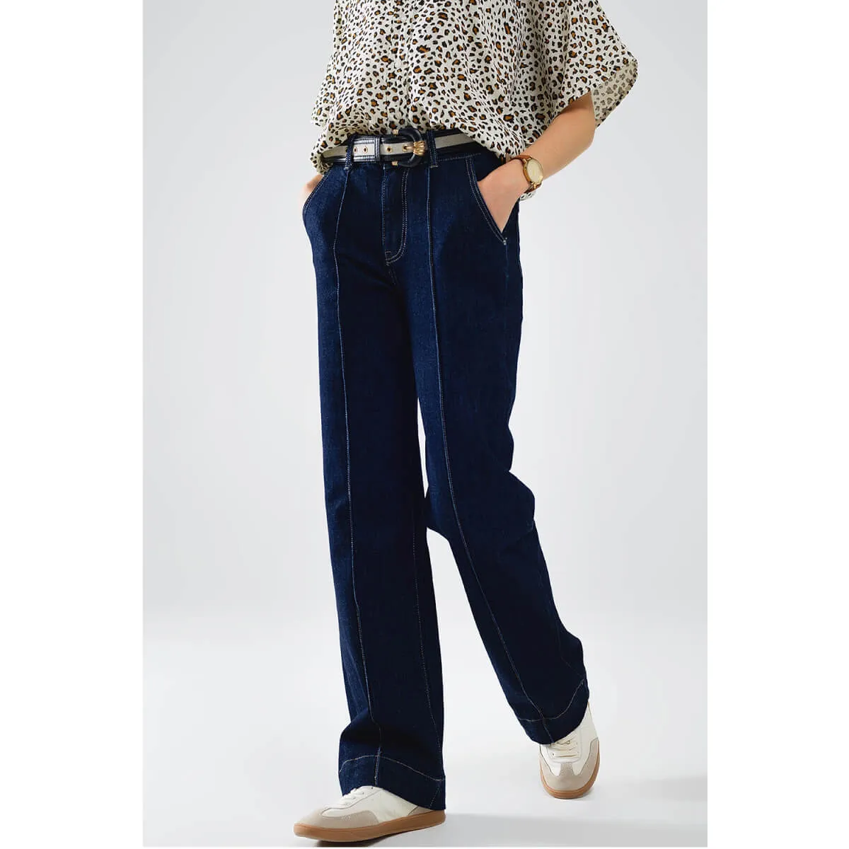Dark Wash Straight Leg Jeans with Stitching