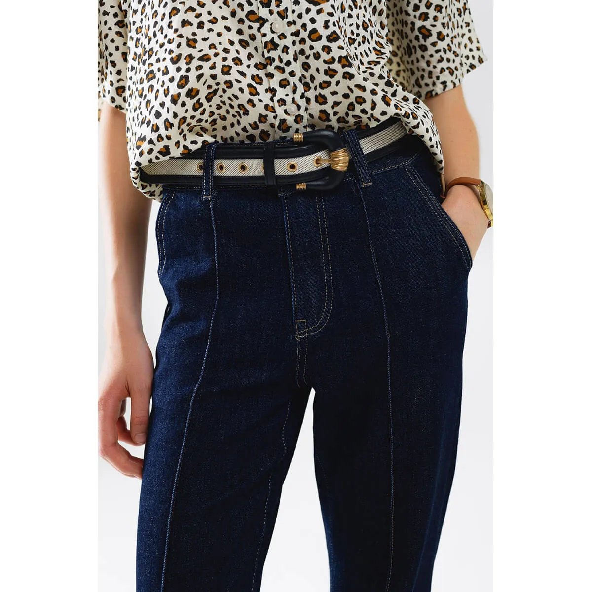 Dark Wash Straight Leg Jeans with Stitching