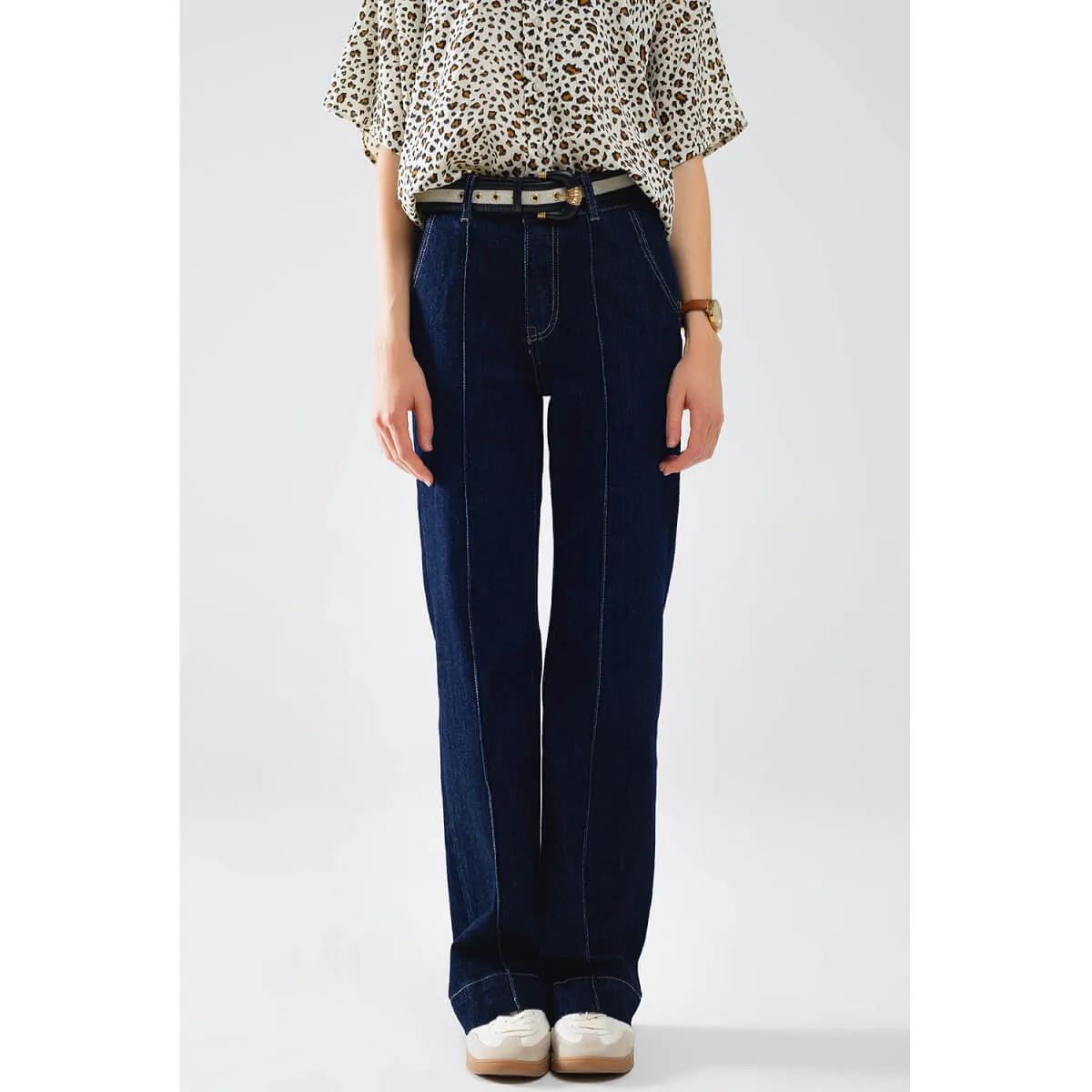 Dark Wash Straight Leg Jeans with Stitching