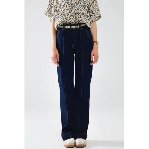 Dark Wash Straight Leg Jeans with Stitching