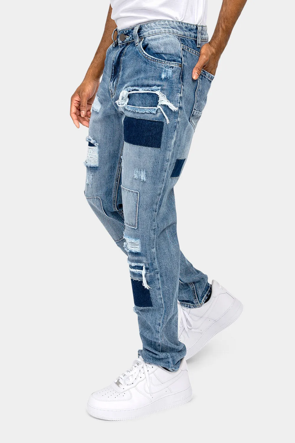 Distressed Cut and Repair Patchwork Denim Jeans