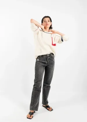 Distressed Ripped Style Preppy Sweater in off White by Linu