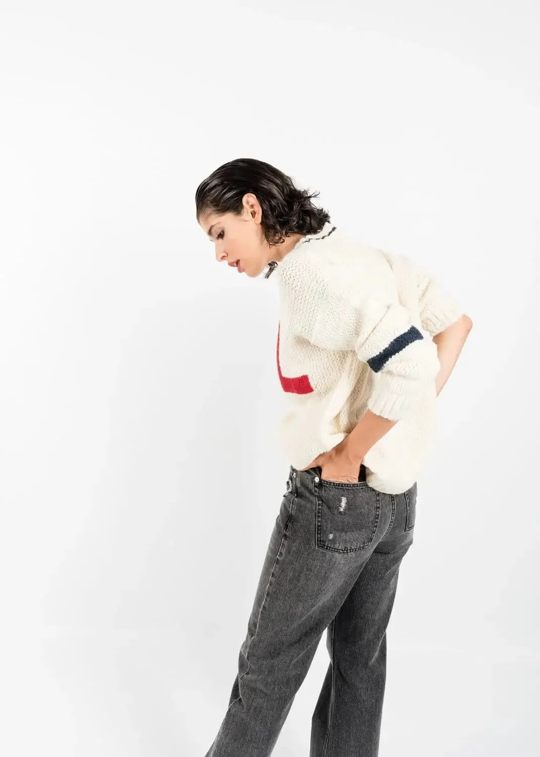Distressed Ripped Style Preppy Sweater in off White by Linu