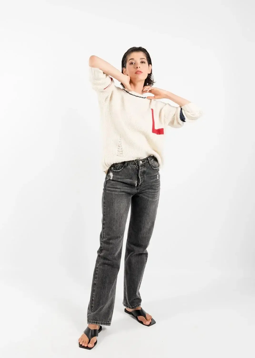 Distressed Ripped Style Preppy Sweater in off White by Linu