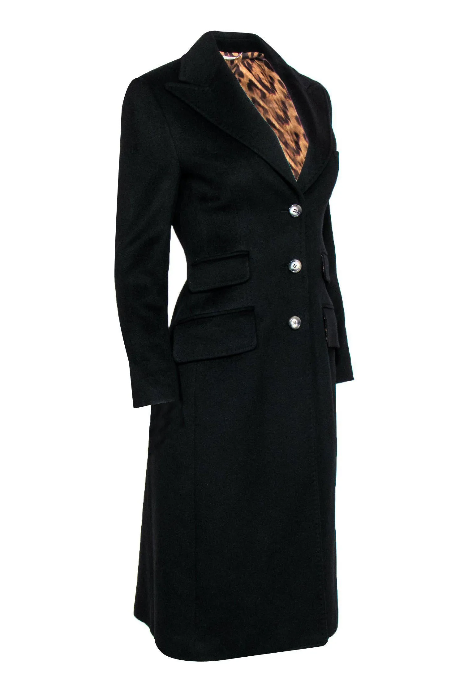 Dolce & Gabbana - Black Button-Up Longline Cashmere Coat w/ Leopard Print Lining Sz 6