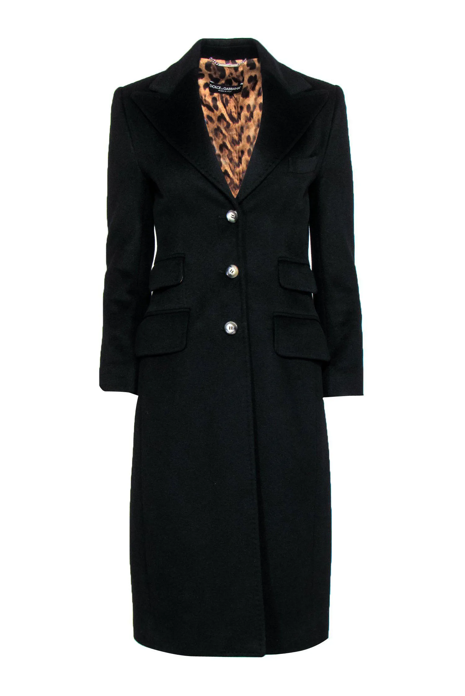 Dolce & Gabbana - Black Button-Up Longline Cashmere Coat w/ Leopard Print Lining Sz 6