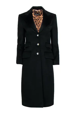 Dolce & Gabbana - Black Button-Up Longline Cashmere Coat w/ Leopard Print Lining Sz 6