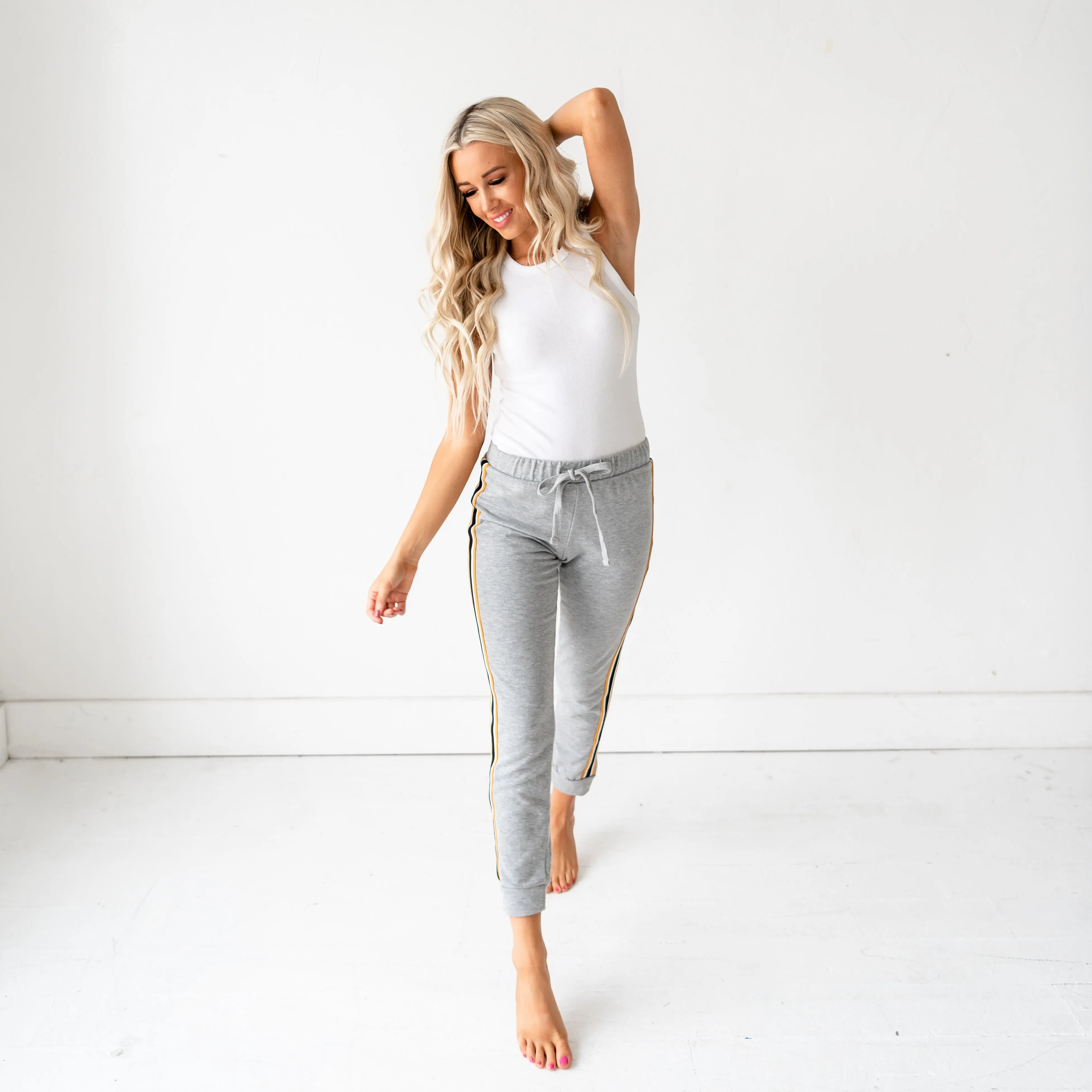 French Terry Joggers - Grey/Yellow Stripe