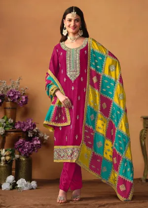 Glowing and Dazzling Chinon Silk Pink Salwar Suit