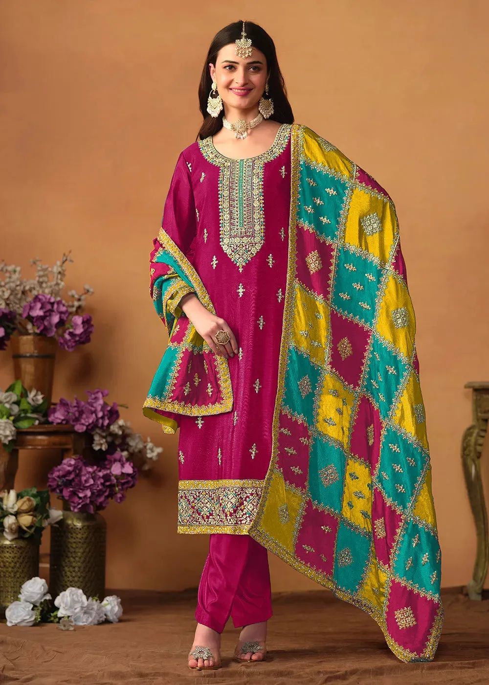 Glowing and Dazzling Chinon Silk Pink Salwar Suit