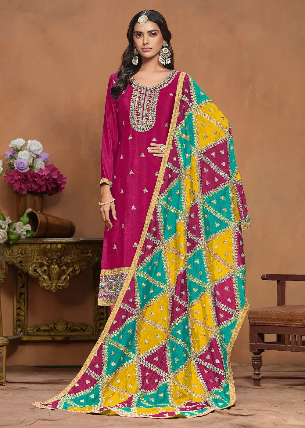 Glowing and Dazzling Chinon Silk Pink Salwar Suit
