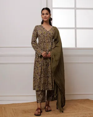 Grey Hand Block Printed Suit Set With Dupatta