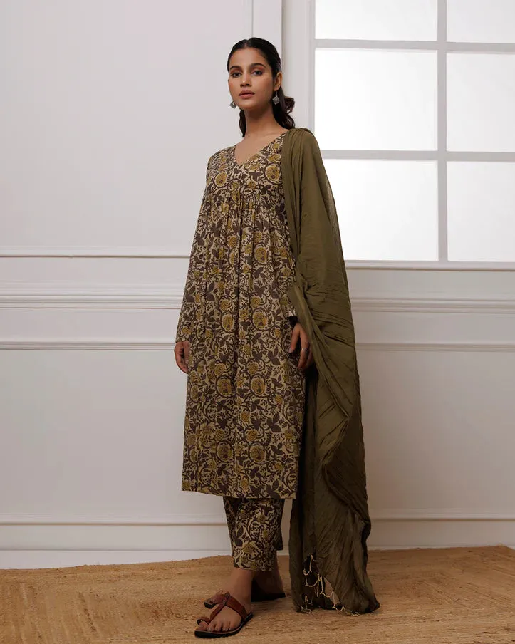 Grey Hand Block Printed Suit Set With Dupatta