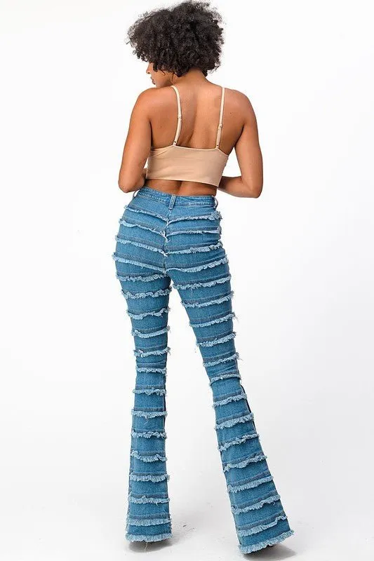High Rise Shredded Flare Jeans-MEDIUM BLUE