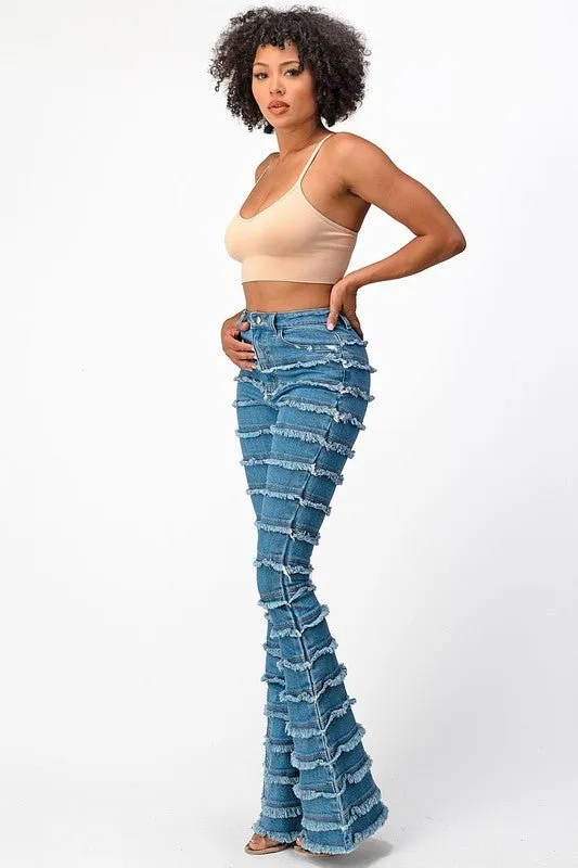 High Rise Shredded Flare Jeans-MEDIUM BLUE