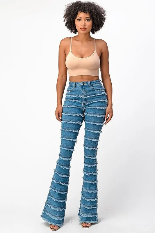 High Rise Shredded Flare Jeans-MEDIUM BLUE