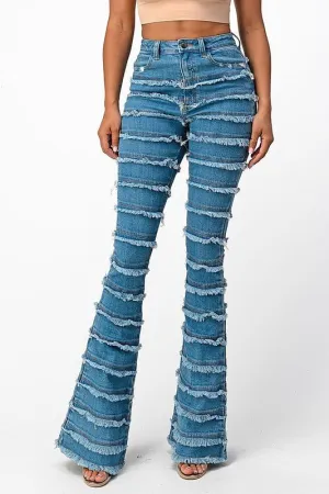 High Rise Shredded Flare Jeans-MEDIUM BLUE