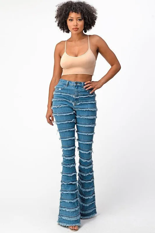 High Rise Shredded Flare Jeans-MEDIUM BLUE