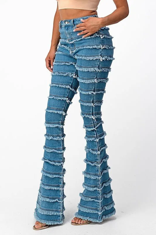 High Rise Shredded Flare Jeans-MEDIUM BLUE
