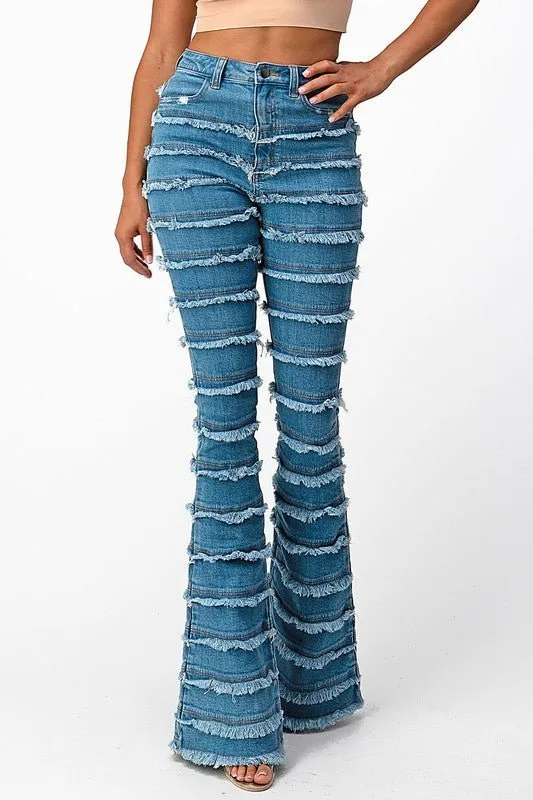High Rise Shredded Flare Jeans-MEDIUM BLUE