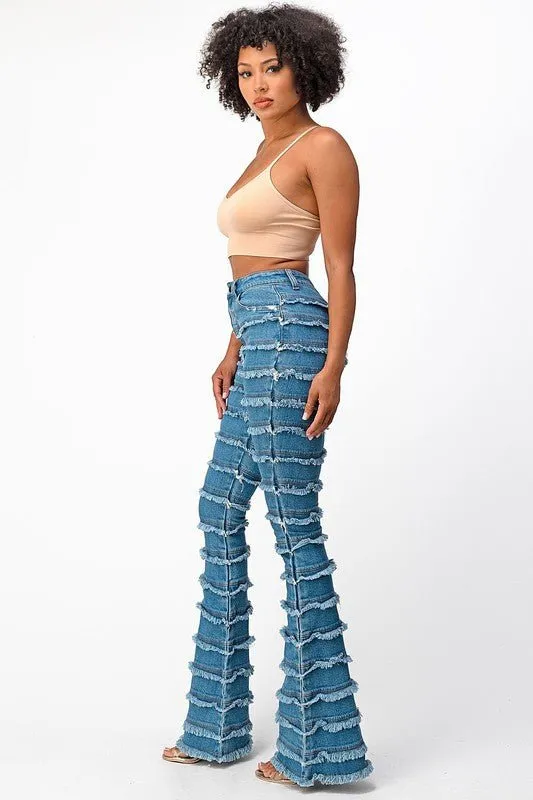 High Rise Shredded Flare Jeans-MEDIUM BLUE