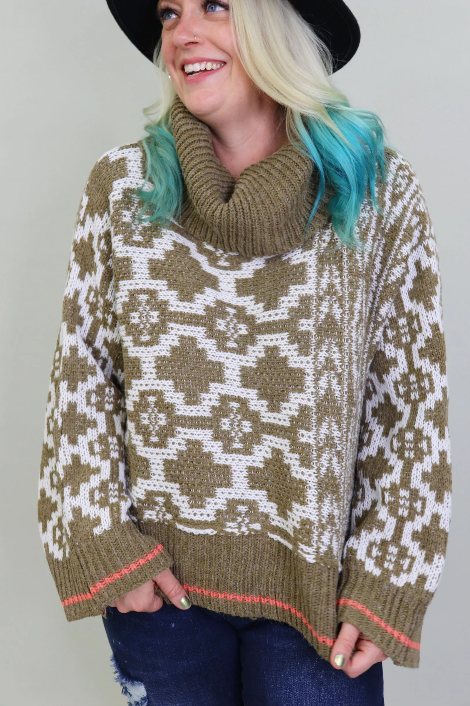 Last Call Cora Cowl Neck Aztec Sweater
