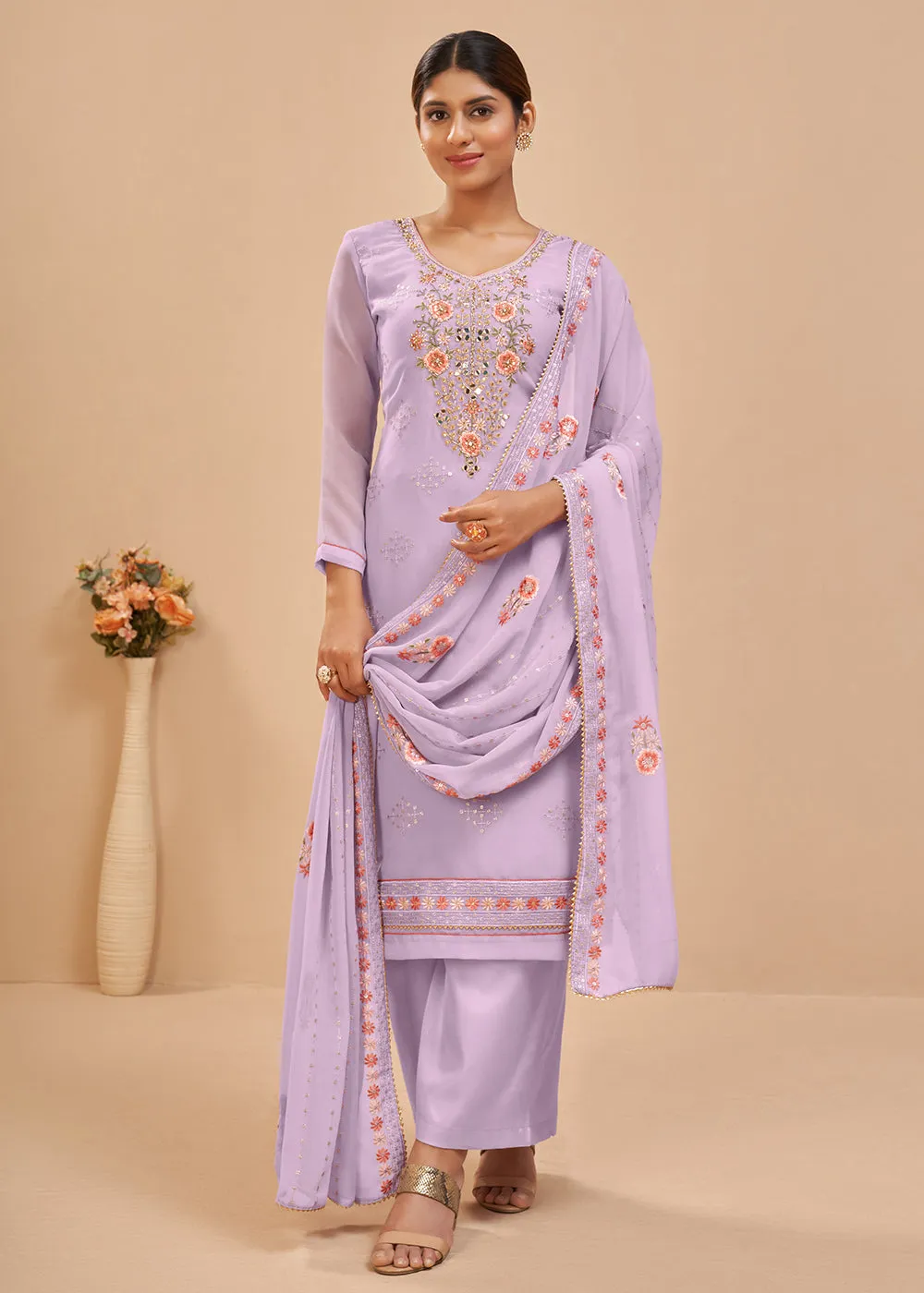 Lavender Beautifully Embroidered Elegant Salwar Kameez