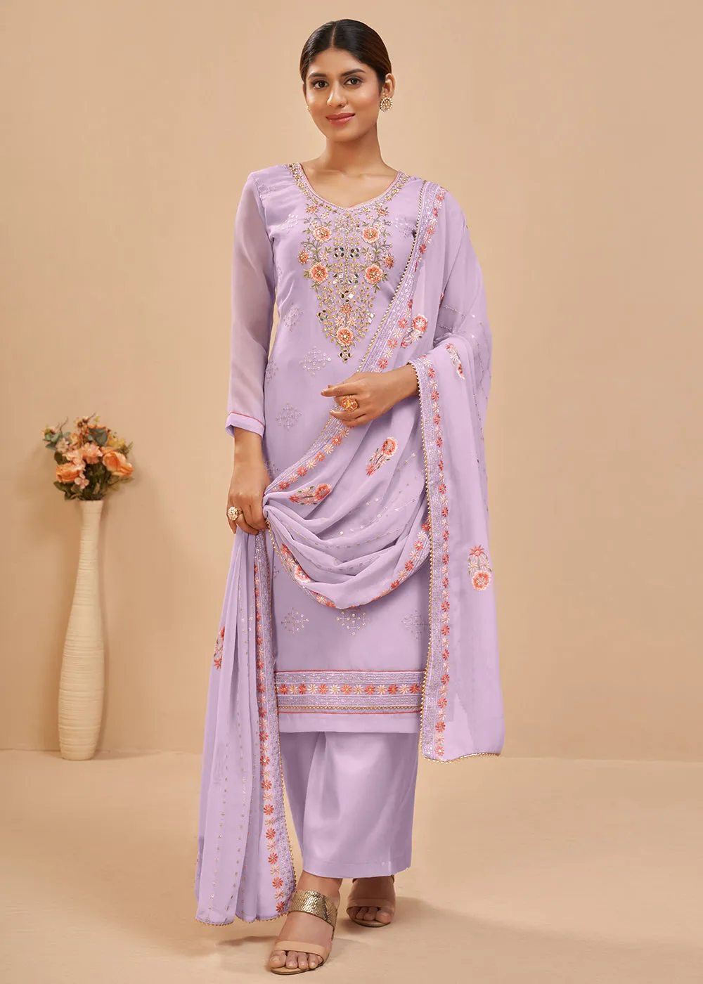 Lavender Beautifully Embroidered Elegant Salwar Kameez