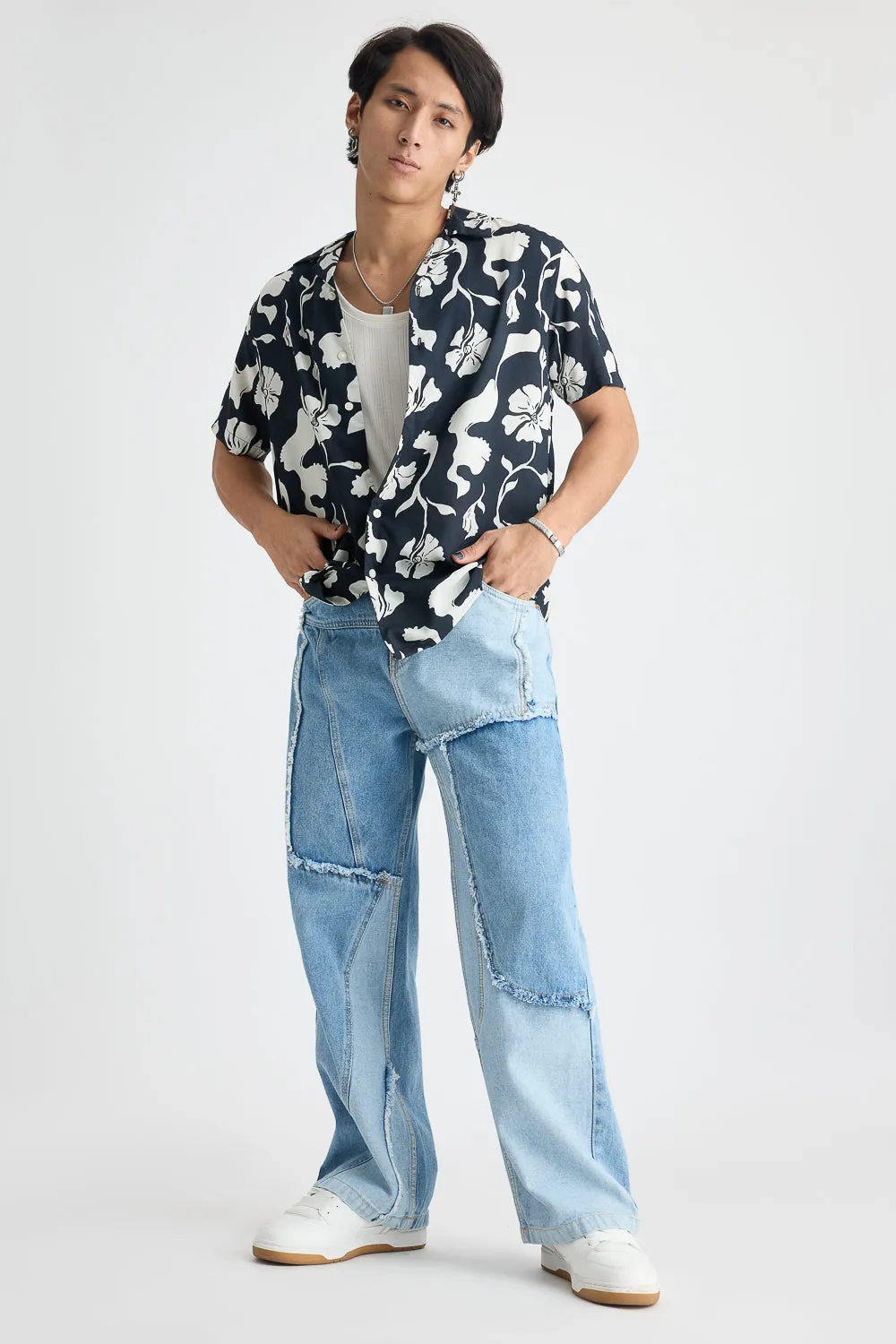 Light Blue Patchwork Straight Men's Jeans
