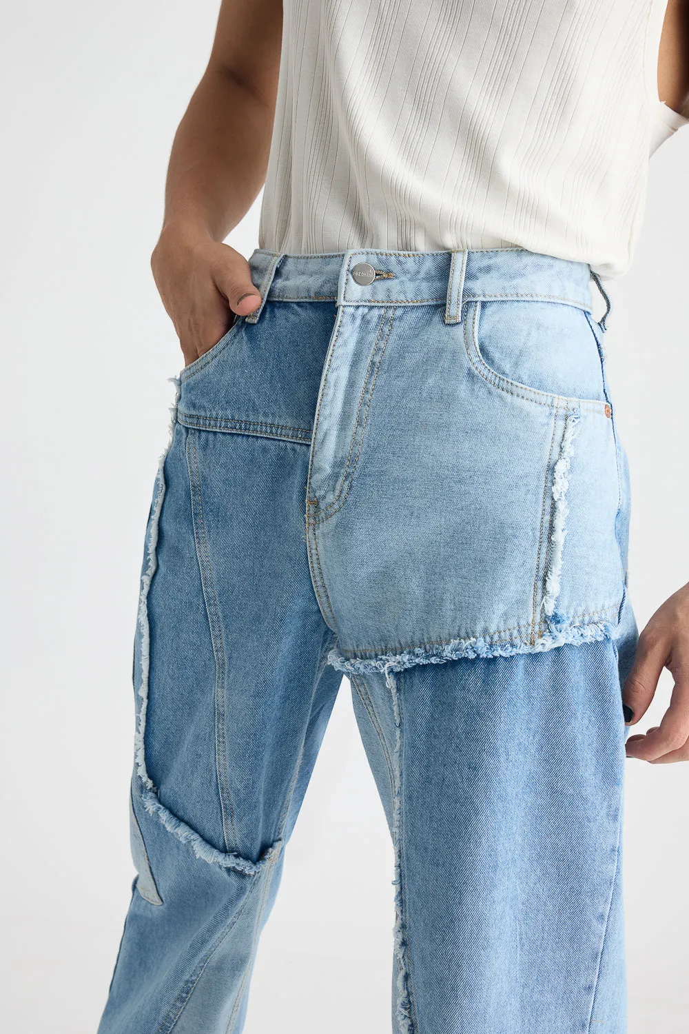 Light Blue Patchwork Straight Men's Jeans