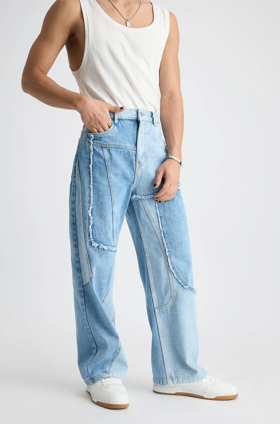 Light Blue Patchwork Straight Men's Jeans