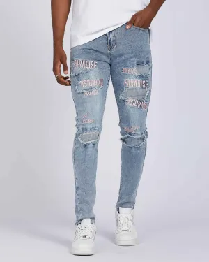 Light Wash Blue Rip & Repair Jeans with Embroidered-Mexico Local Delivery