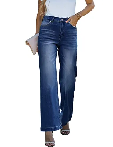 luvamia Wide Leg Jeans for Women High Waisted Baggy 90S Jeans Distressed Stretchy Denim Pants Trendy Womens High Waisted Jeans Bell Bottoms High Waisted Wide Leg Pants for Women Dark Blue Size US 16