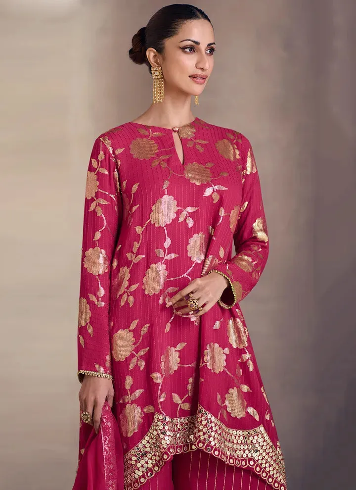 Magenta Premium Silk Sharara Suit with Thread and Sequins Detail