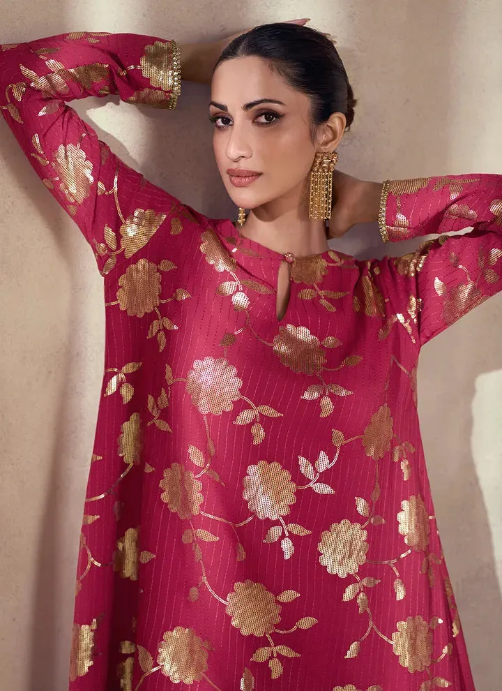 Magenta Premium Silk Sharara Suit with Thread and Sequins Detail