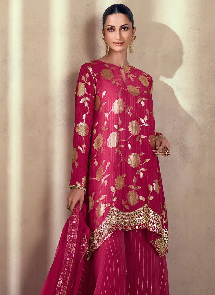 Magenta Premium Silk Sharara Suit with Thread and Sequins Detail