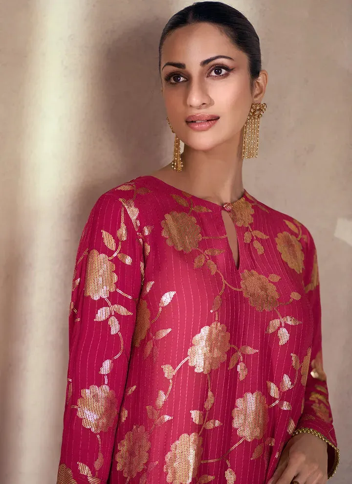 Magenta Premium Silk Sharara Suit with Thread and Sequins Detail