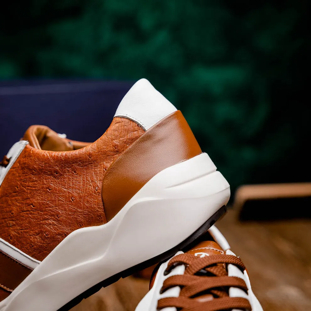 Marco Di Milano Lyon II Men's Shoes Brandy & White Calf-Skin / Ostrich Leg Casual Sneakers (MDM1068)