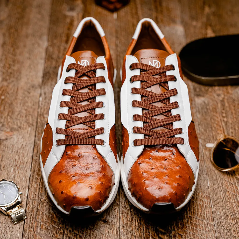 Marco Di Milano Lyon II Men's Shoes Brandy & White Calf-Skin / Ostrich Leg Casual Sneakers (MDM1068)