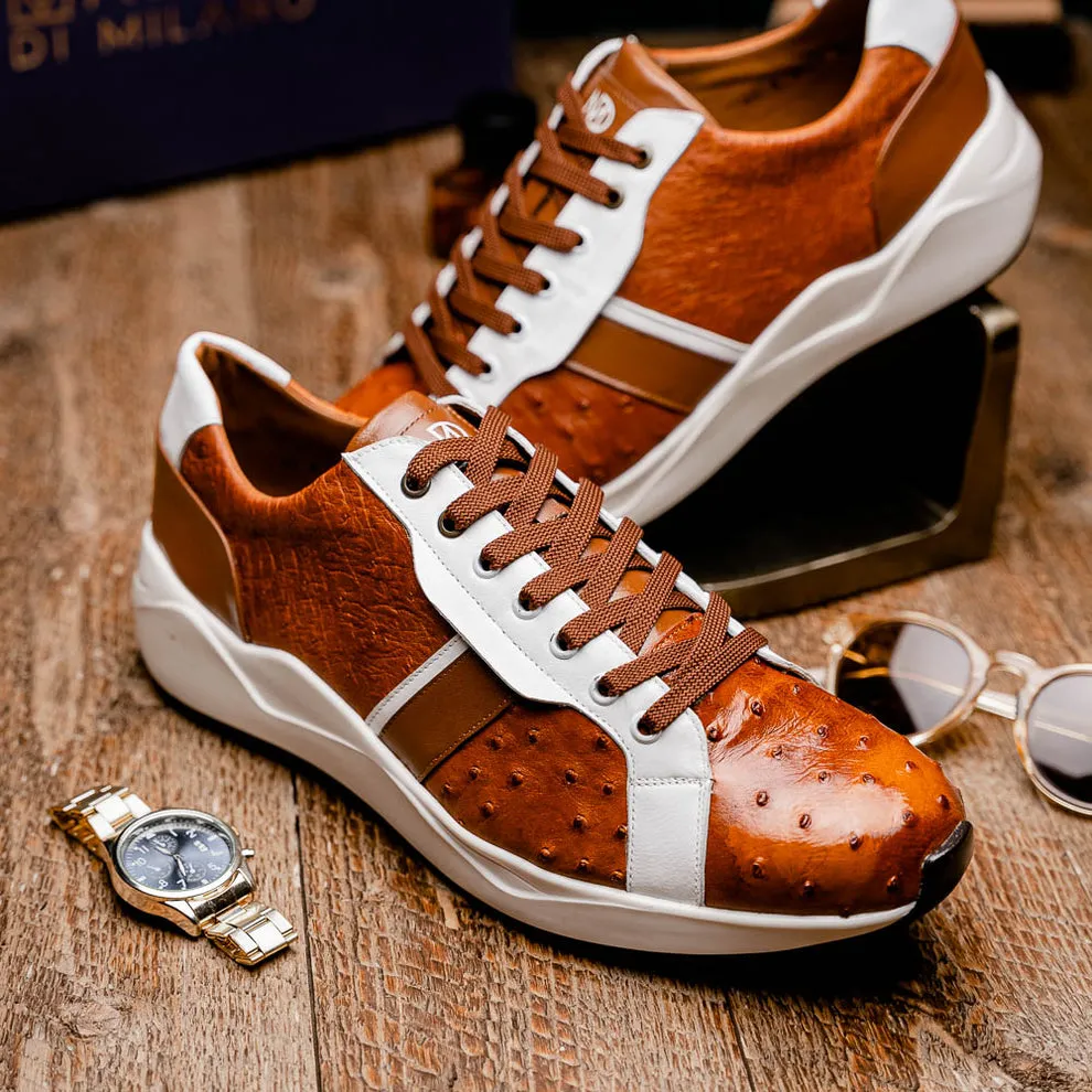 Marco Di Milano Lyon II Men's Shoes Brandy & White Calf-Skin / Ostrich Leg Casual Sneakers (MDM1068)