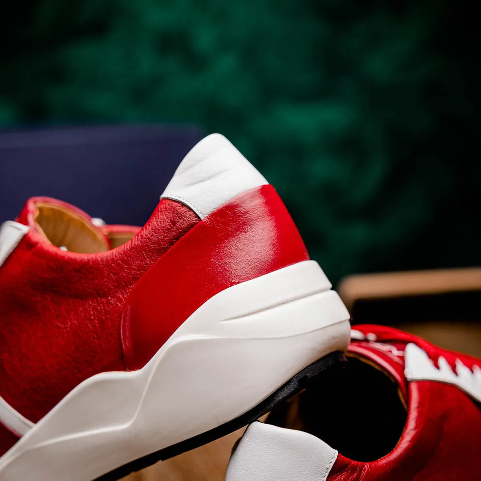 Marco Di Milano Lyon II Men's Shoes Red & White Calf-Skin / Ostrich Leg Casual Sneakers (MDM1069)